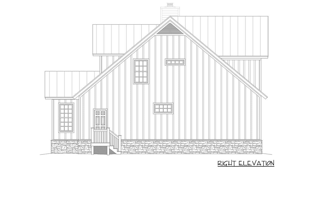 Right elevation of a house plan featuring vertical siding, stone foundation, gable roof, and multiple windows.