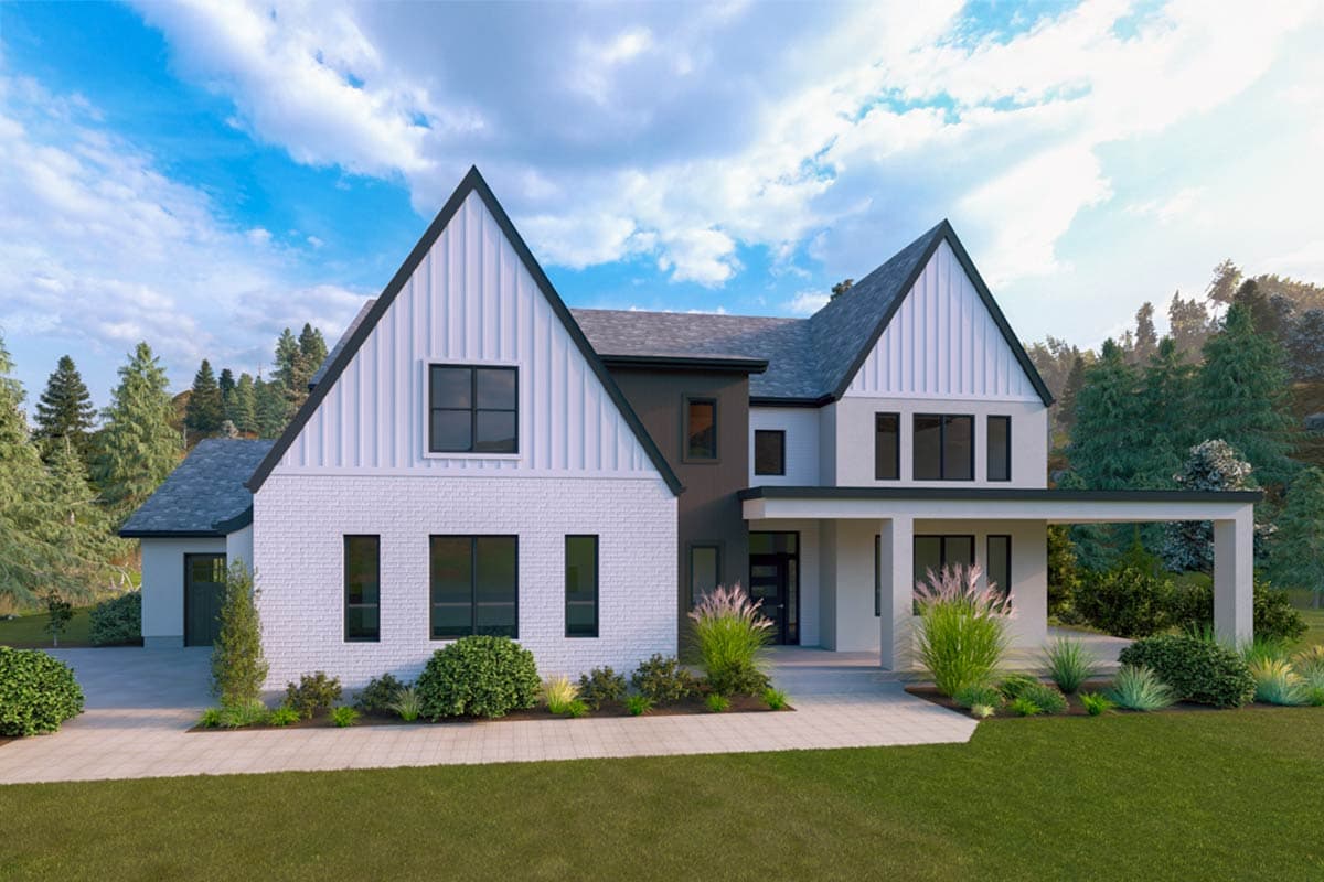 House plan exterior. Modern Farmhouse style with two stories, gabled rooflines, contrasting trim, and a covered porch.
