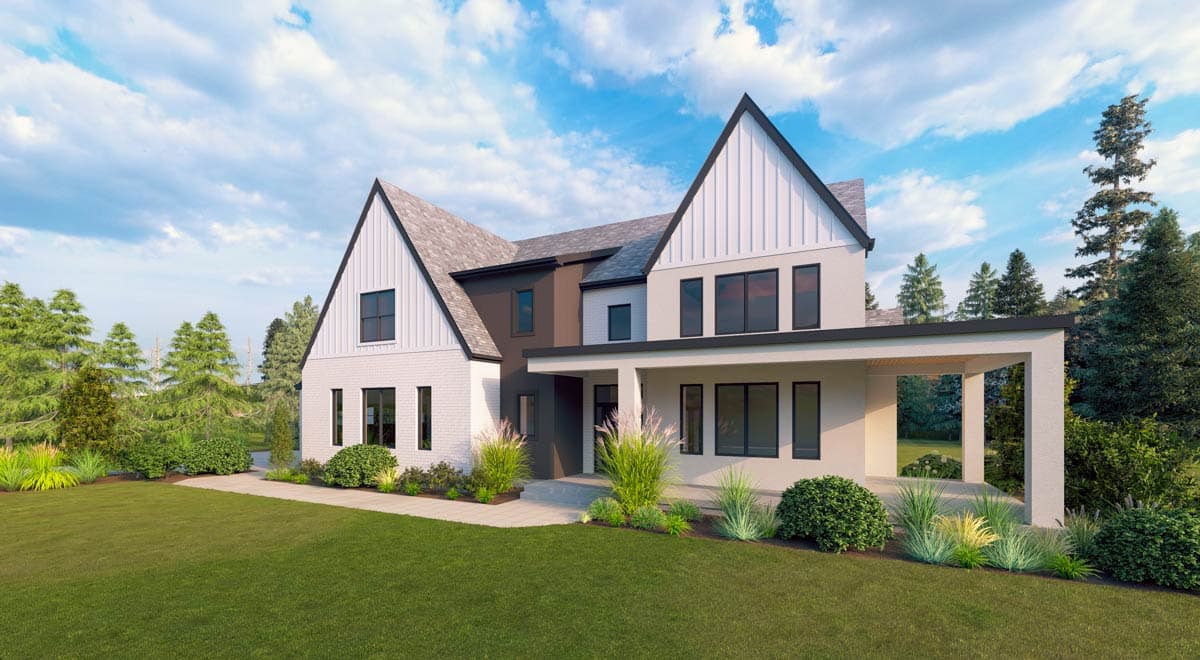 Modern two-story house plan exterior with gabled rooflines, white brick, and a covered entryway.