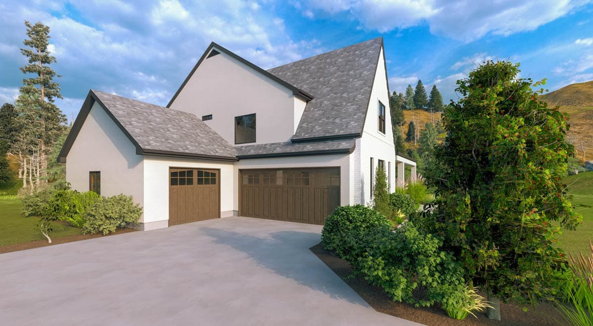 Modern Farmhouse house plan exterior with a white stucco finish, dark gabled roof, and a triple-car garage.