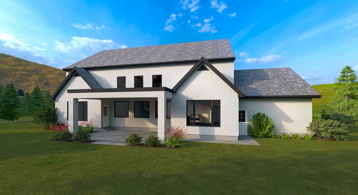 House plan exterior view of a two-story modern home with a covered patio, prominent gables, and large windows.