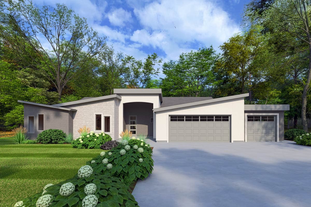 House plan exterior. Modern style, single story home with a flat roof, attached garage, and covered entryway. Features multiple roof pitches.