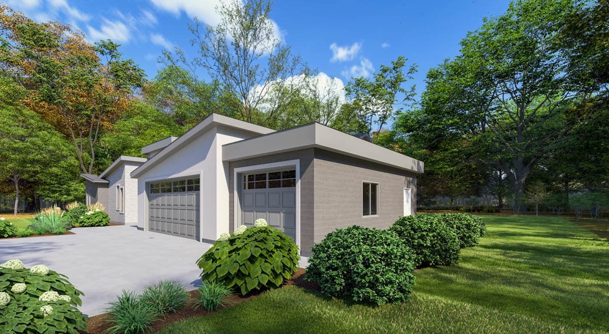 House plan exterior: Modern style, single-story, with a flat roof, two-car garage, and clean lines.