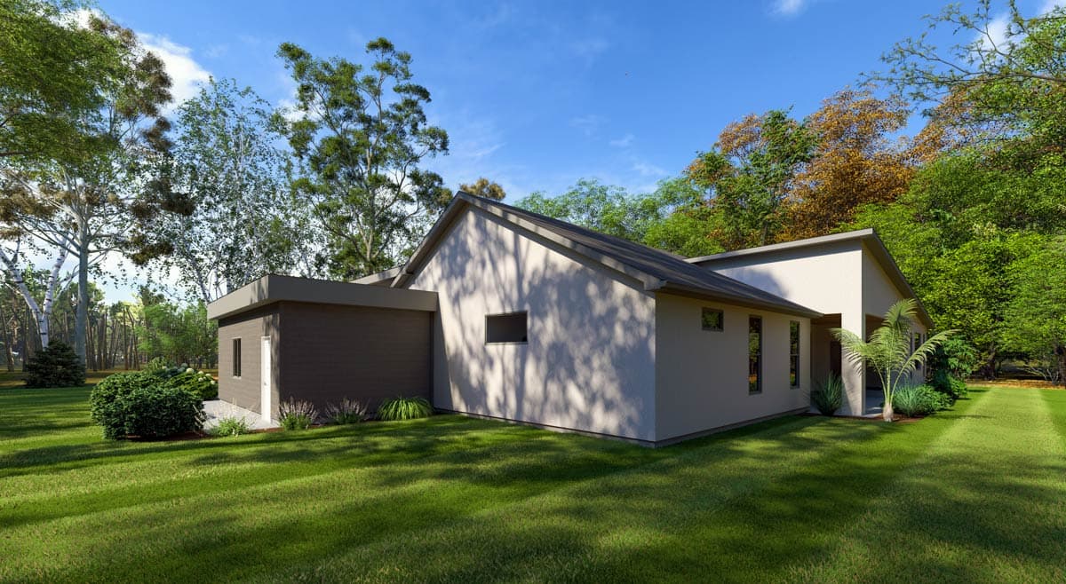 House plan exterior, modern style, single story with a gabled roof, horizontal siding, and attached garage.