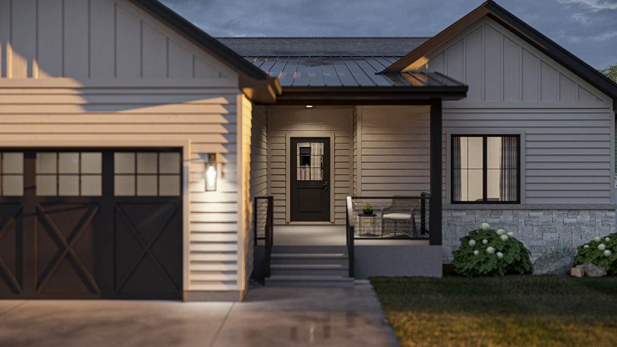 Modern Farmhouse house plan exterior with a two-car garage, covered front porch with glass-paneled door, and stone skirting.