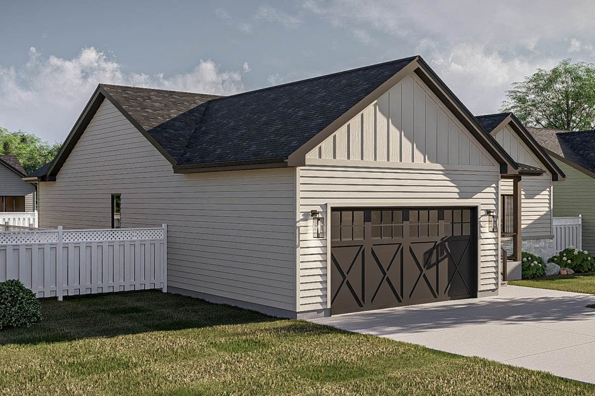 House plan exterior featuring vinyl siding, a gable roof, and a two-car garage with decorative door panels.
