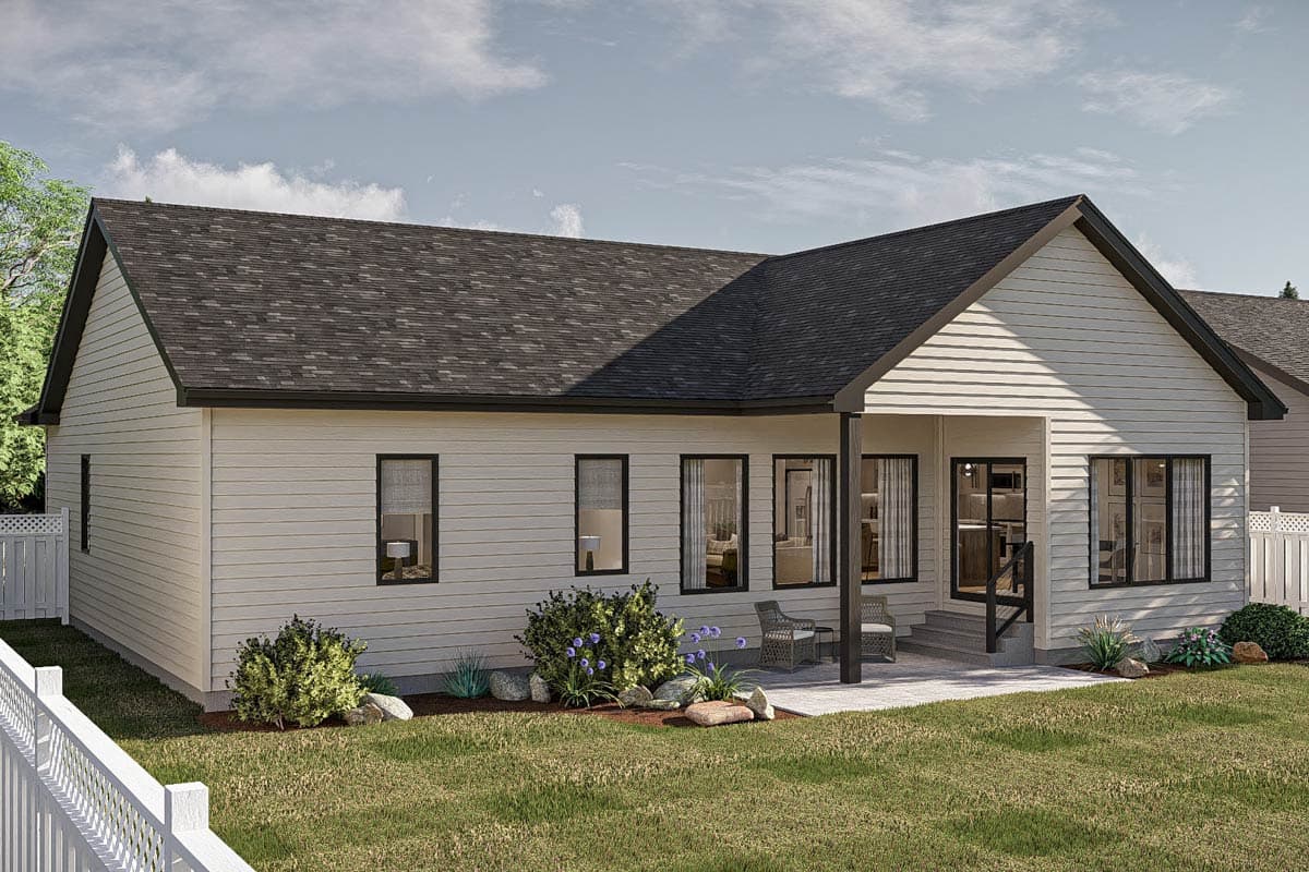House plan exterior: single-story home with vinyl siding, gabled roof, and covered patio with black railings.