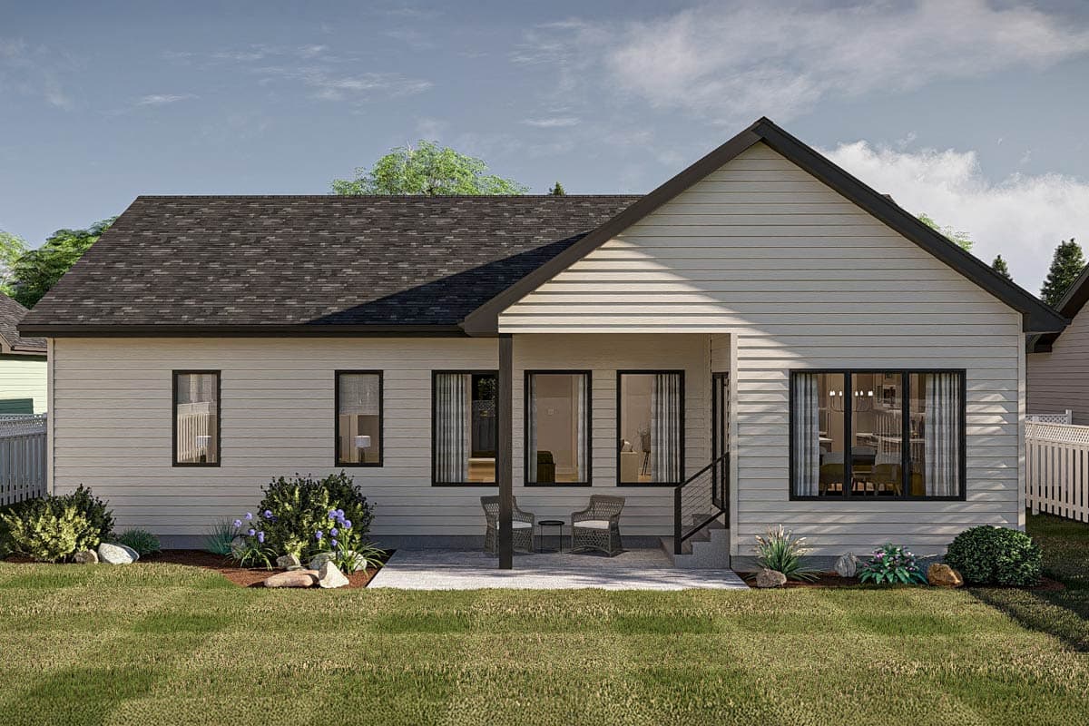 House plan exterior: Modern Ranch style, one story, with a covered patio and large windows.