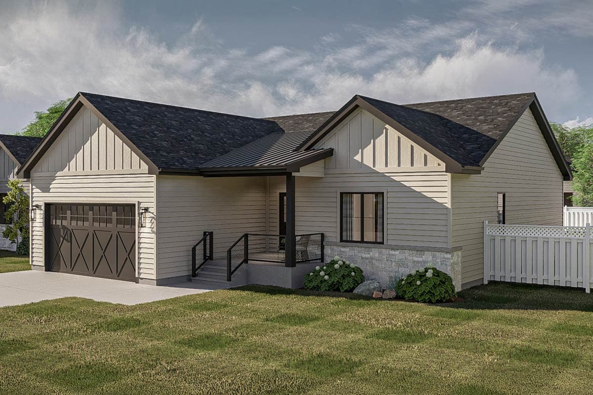 House plan exterior: single-story Modern Farmhouse with attached garage, covered porch, board and batten siding, and stone foundation.