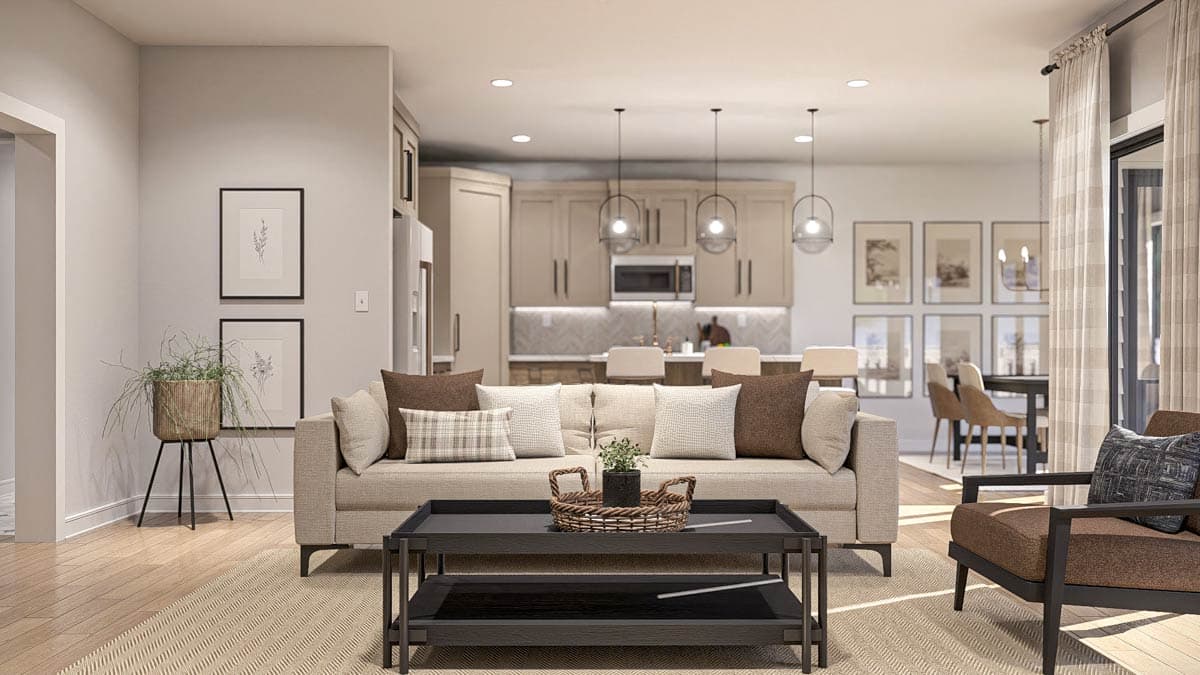 Interior rendering of open-concept living space with neutral sofa, modern kitchen with island, and dining area.