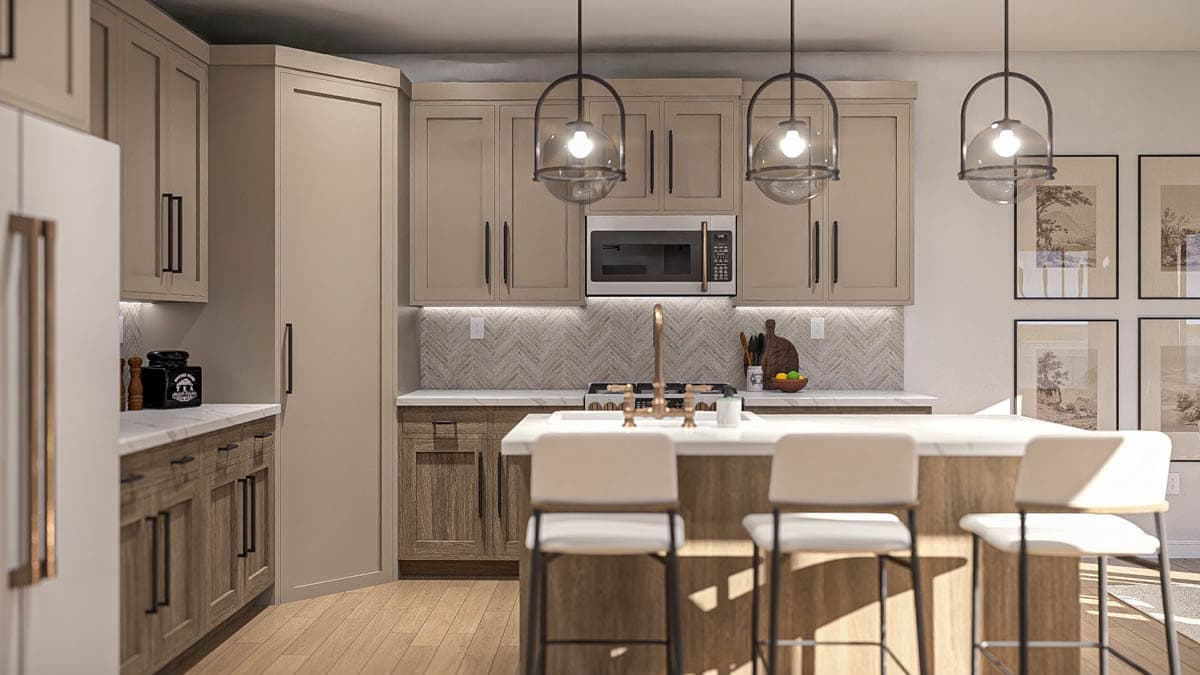 Modern kitchen rendering with taupe cabinets, wood island, marble countertops, pendant lights, and bar stools.