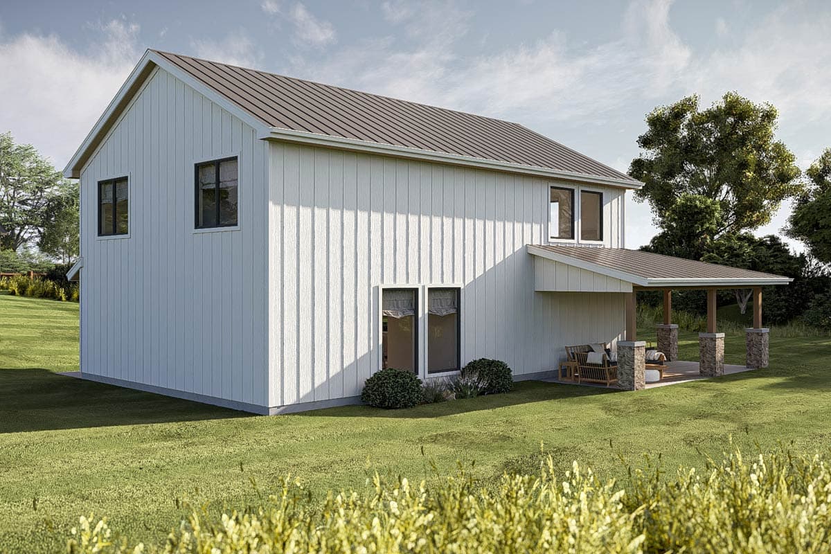 House plan exterior with vertical siding, metal roof, gabled dormer, and covered porch with stone-clad columns.