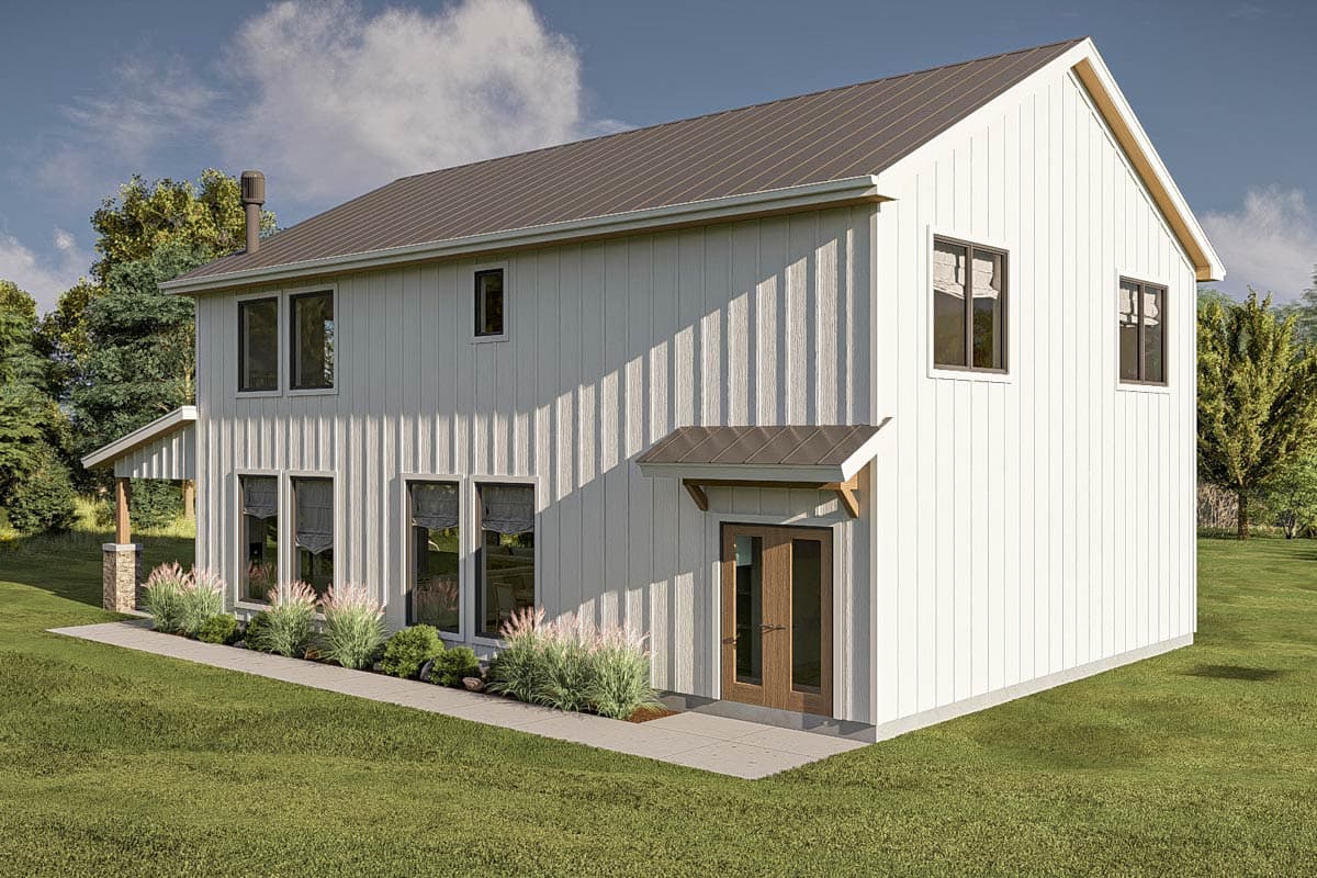 Modern Farmhouse house plan exterior with white board-and-batten siding, a metal roof, and double glass doors with a metal awning.