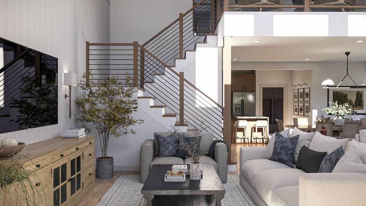 Plan 623529DJ: Modern Barndominium with Two Story Great Room and Wrap Around Porch - Image #11 - Barndominium