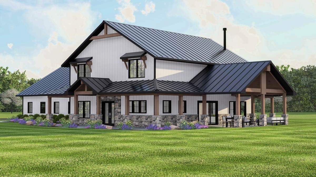 Modern Farmhouse house plan exterior with board and batten siding, metal roof, stone accents, and covered porch with exposed beams.
