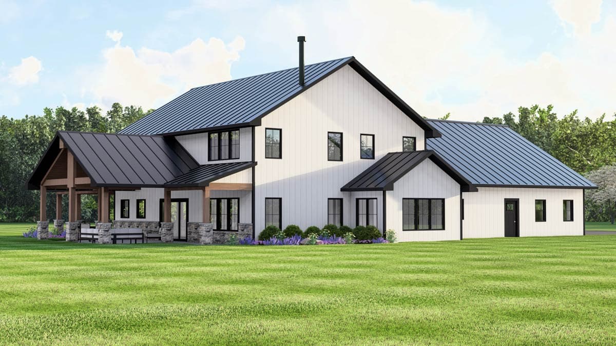 Modern Farmhouse house plan exterior with white board and batten siding, dark metal roof, and covered porch with stone pillars.