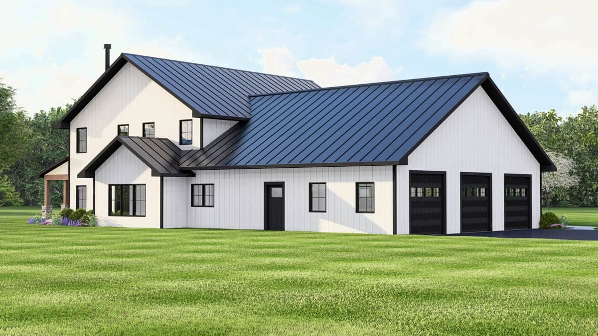 Modern farmhouse style house plan exterior with white board and batten siding, black metal roof, gables, dormers, and a three-car garage.