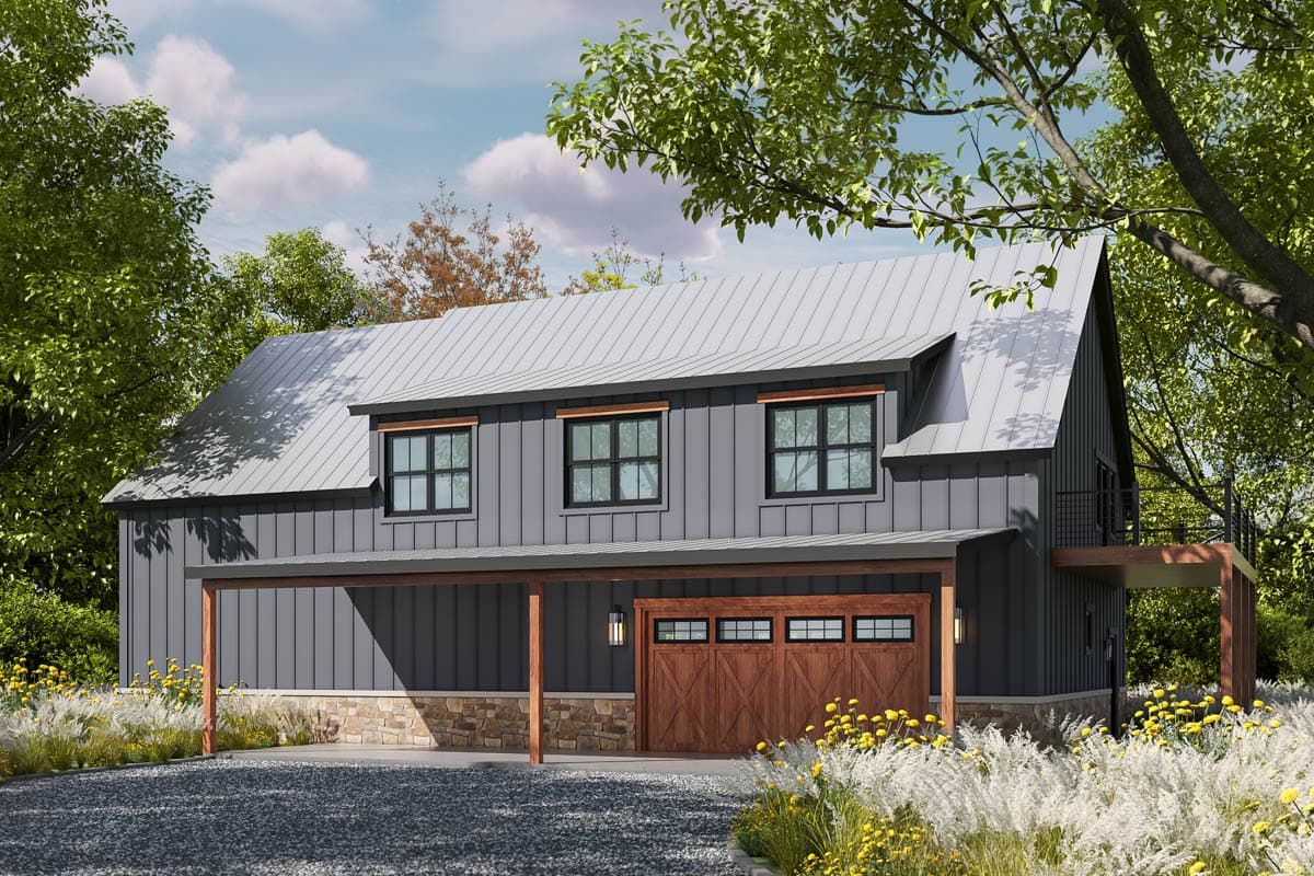 House plan exterior: Modern Farmhouse style, two stories, standing seam metal roof, board-and-batten siding, attached garage with wood doors.