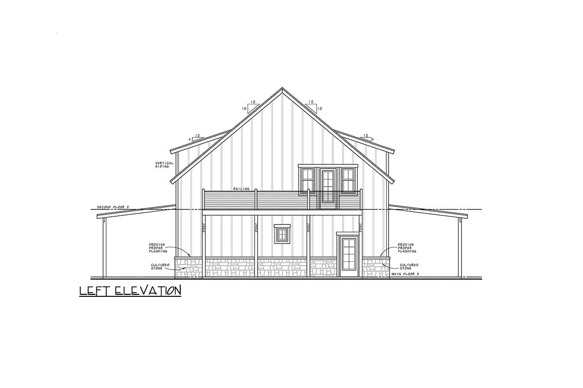 Left elevation house plan showing vertical siding, cultured stone foundation, second-floor balcony, and covered main floor porch.