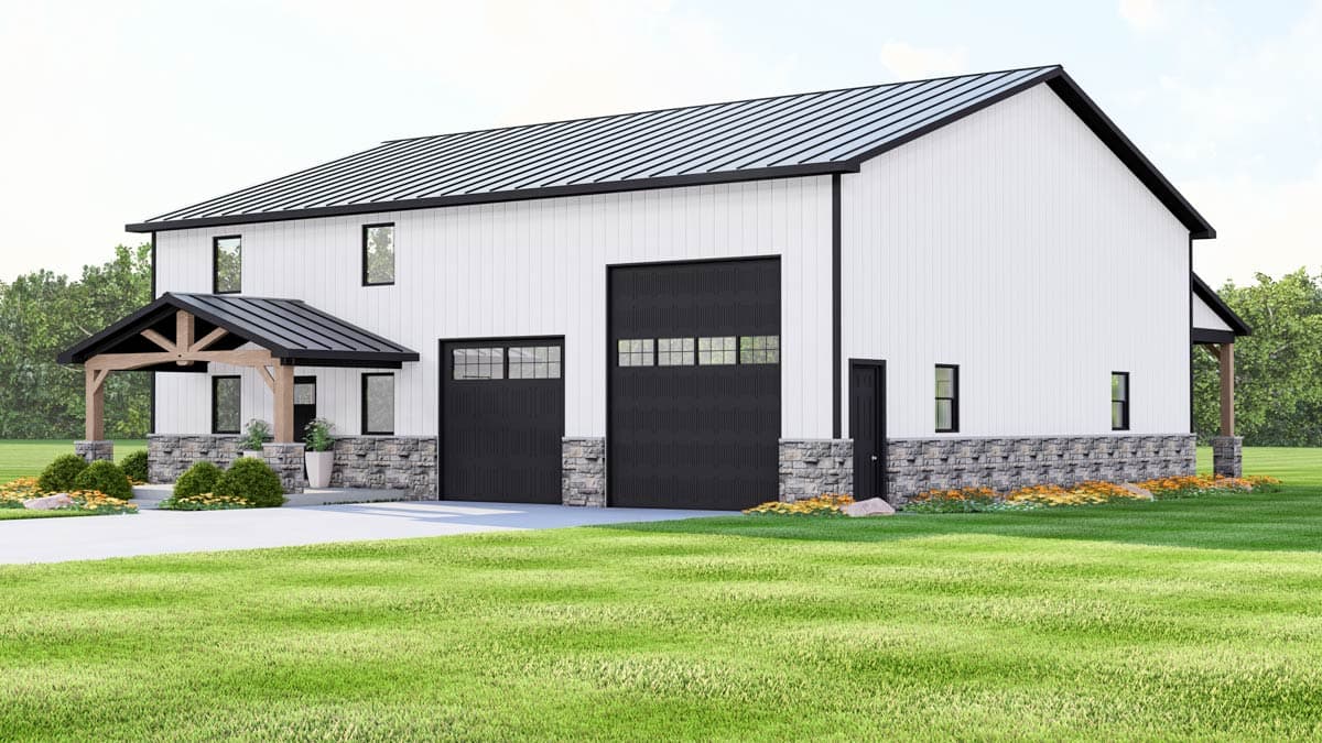Modern Farmhouse house plan exterior with two-story design, white vertical siding, metal roof, stone accents, and a covered entry.