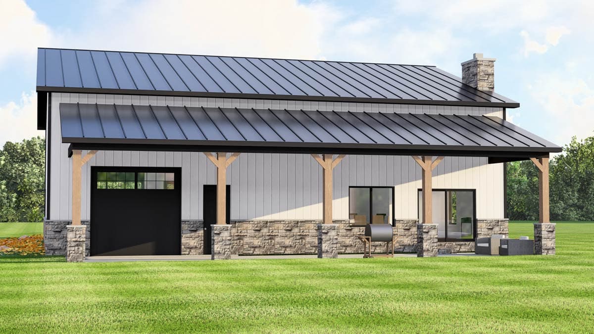 House plan exterior: Modern Farmhouse style, two stories, black metal roof, covered porch with wood posts, stone base, and garage.