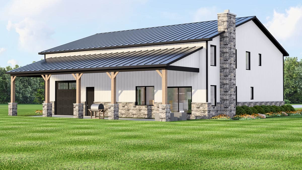 Modern Farmhouse house plan exterior with metal roof, covered porch, stone accents, and prominent stone chimney.