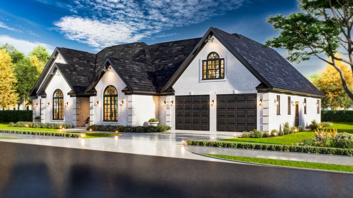 House plan exterior: White brick, two-story, Modern Farmhouse style, with a prominent central gable, arched windows, and a three-car garage.