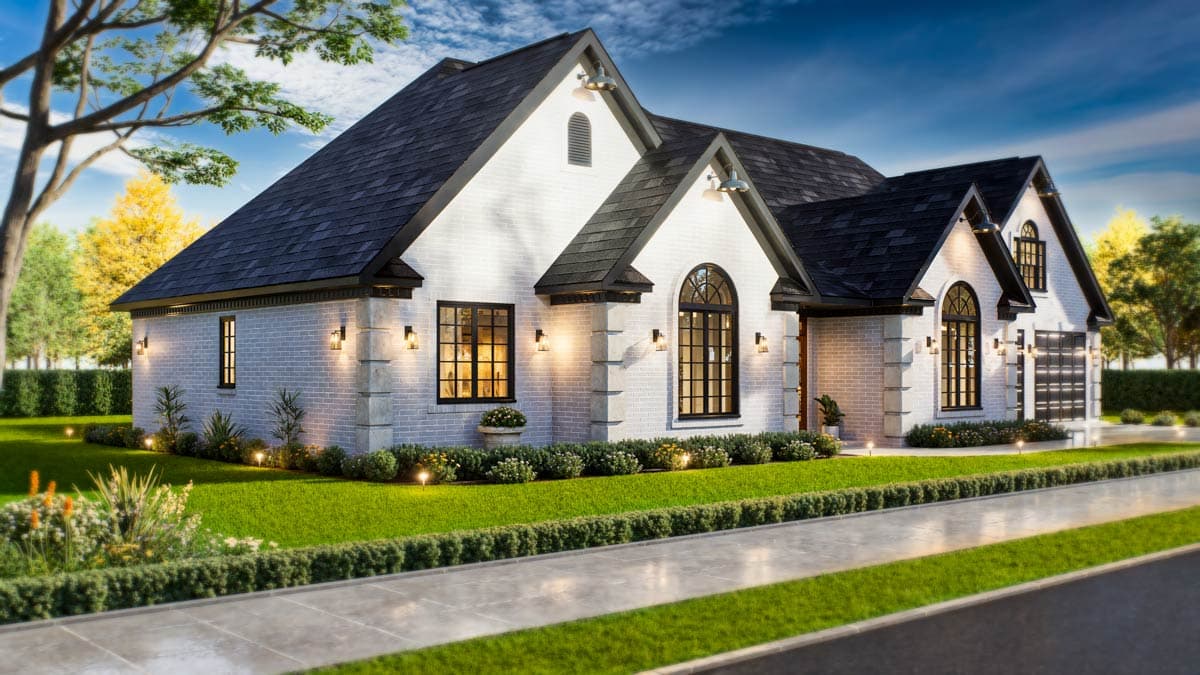 Modern Farmhouse house plan exterior with white brick, gables, arched windows, and attached garage.