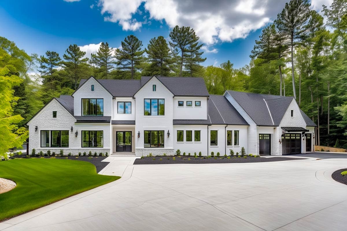 House plan exterior. Two-story, Modern Farmhouse style with gabled roof, brick veneer, and a two-car garage. Features multiple large windows.