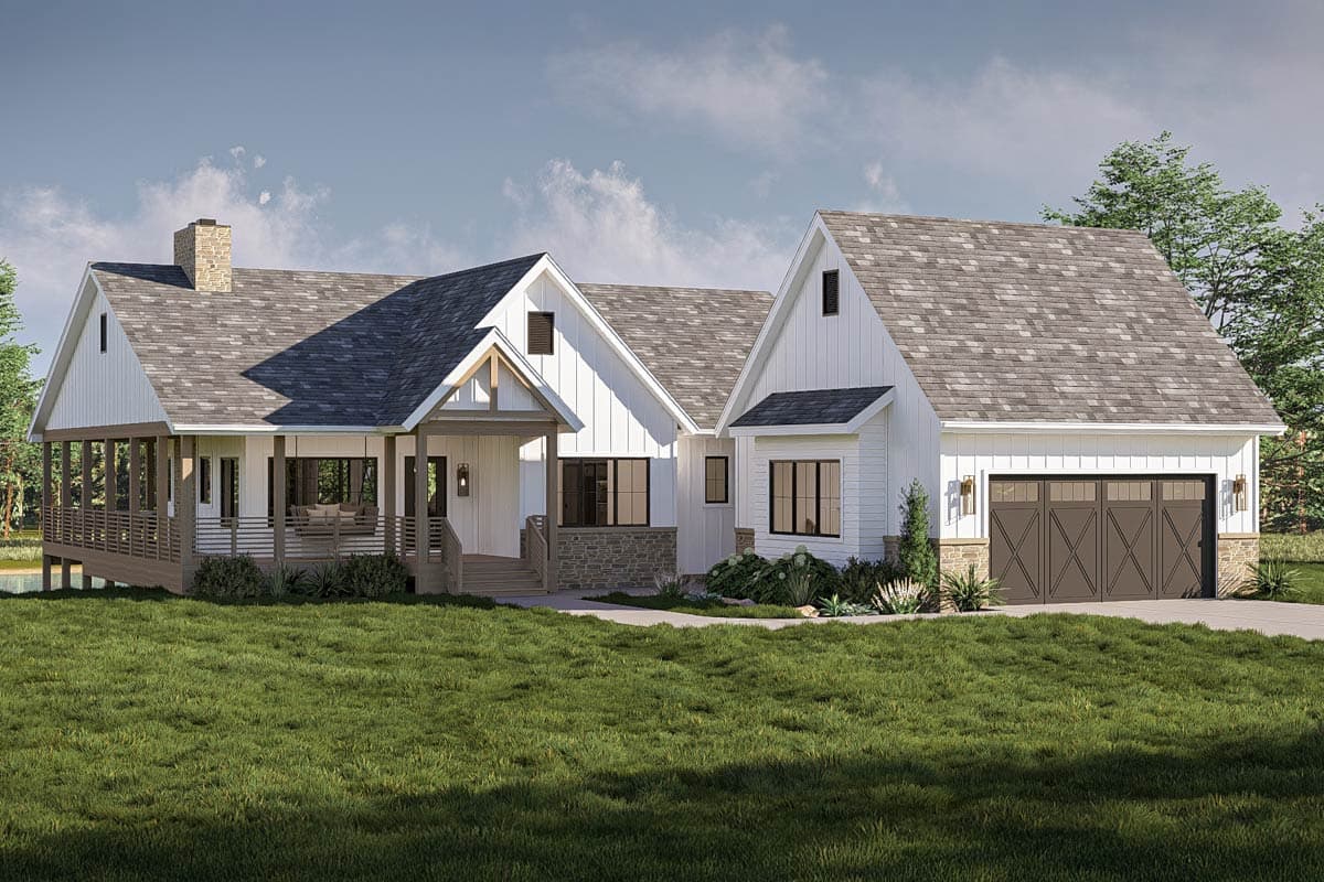 House plan exterior. Modern Farmhouse style with a single story, a covered porch, multiple gables, and a detached garage.