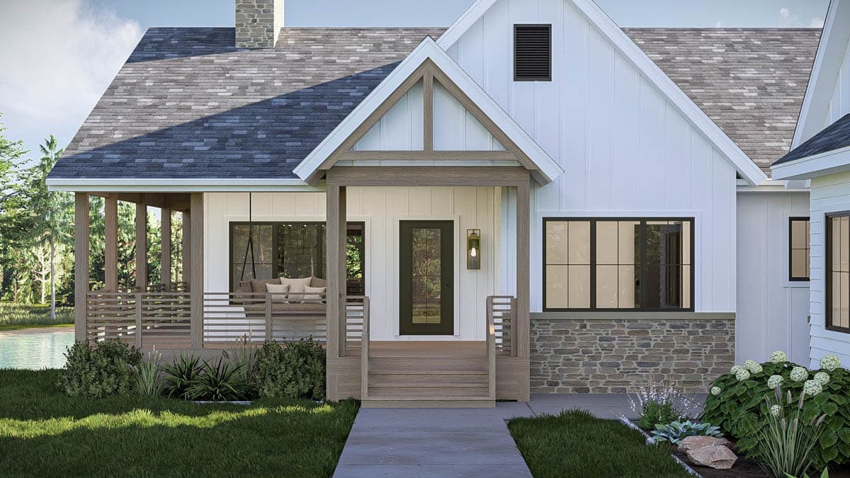 Modern Farmhouse house plan exterior with stone foundation, gabled dormer, covered porch with swing, and board-and-batten siding.