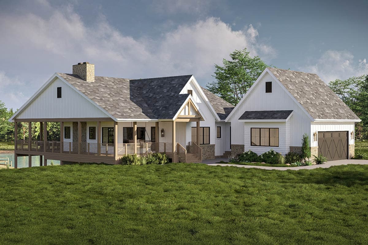 Modern Farmhouse house plan exterior with wraparound porch, gables, and attached two-car garage.