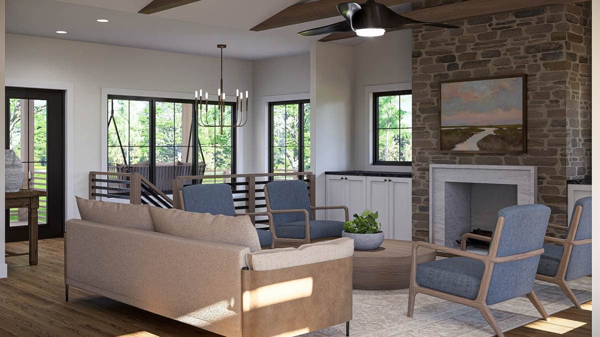 Interior rendering of a living room with stone fireplace, sectional sofa, armchairs, coffee table, and large windows.