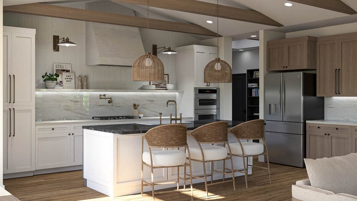 Kitchen with vaulted wood-beamed ceiling, island with seating, marble backsplash, and stainless steel appliances.