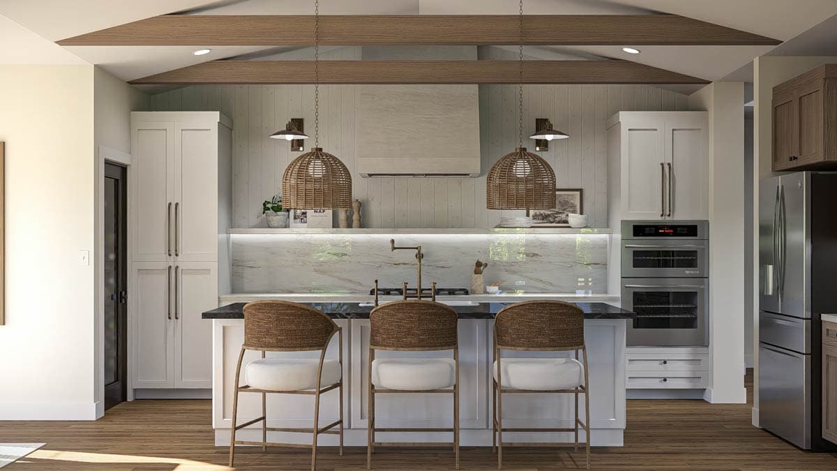 Kitchen with vaulted ceiling, exposed beams, white cabinetry, large island, and woven pendant lights.