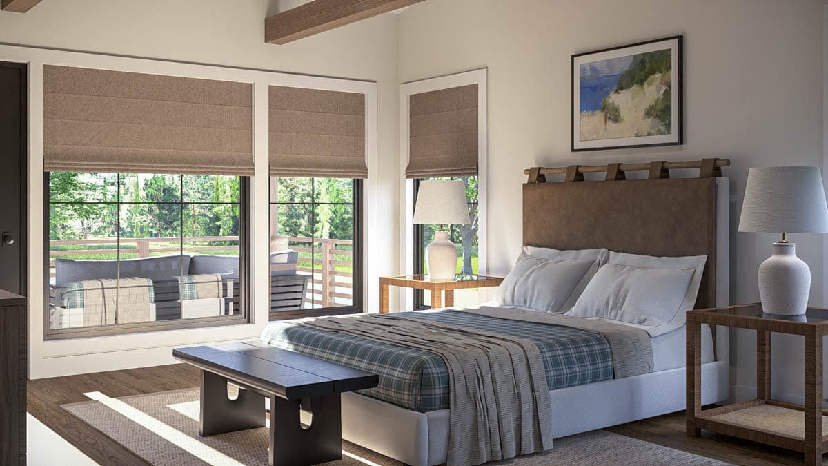 Bedroom rendering with large windows overlooking a deck, a king bed, and wood ceiling beams.