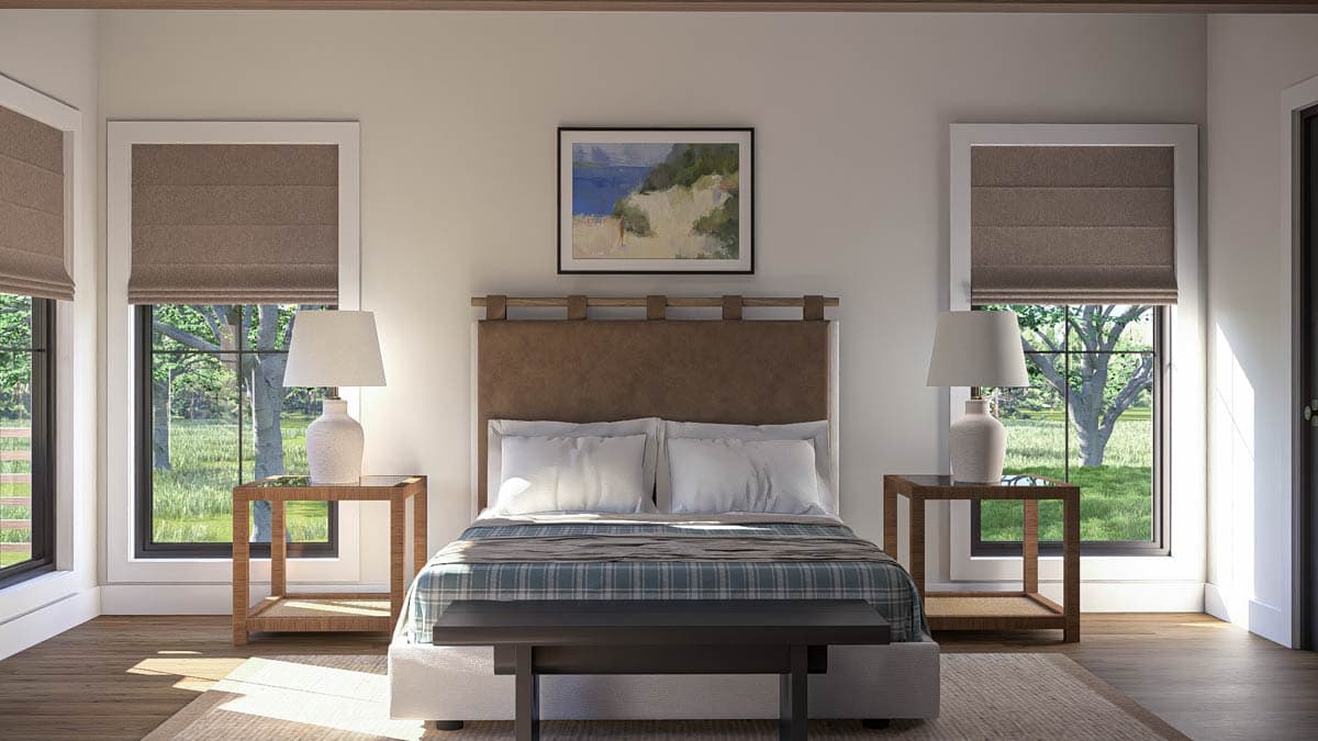 Bedroom rendering with upholstered headboard, two side tables with lamps, and large windows overlooking a grassy landscape.