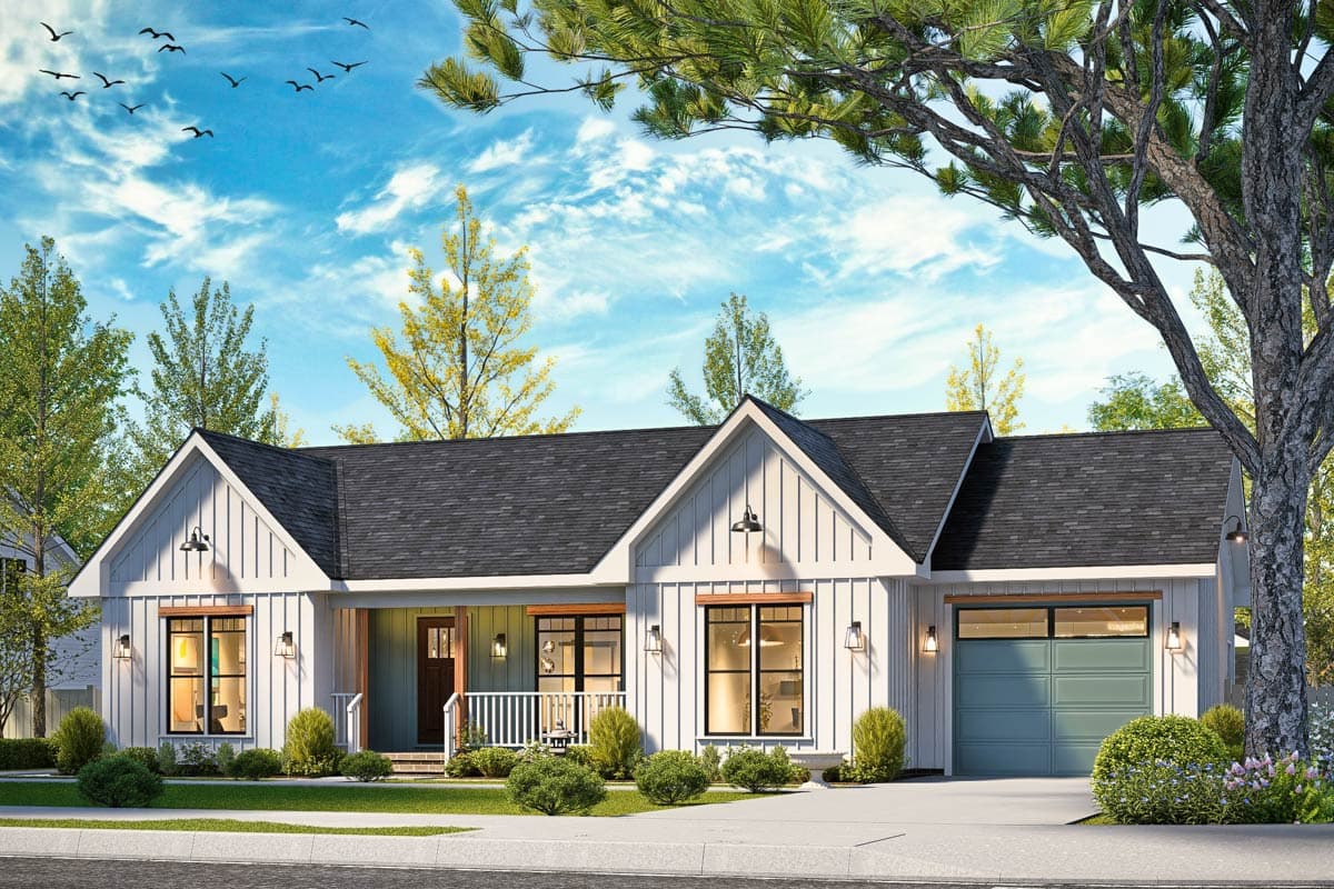 Modern Farmhouse house plan exterior with gables, covered porch, and attached garage.