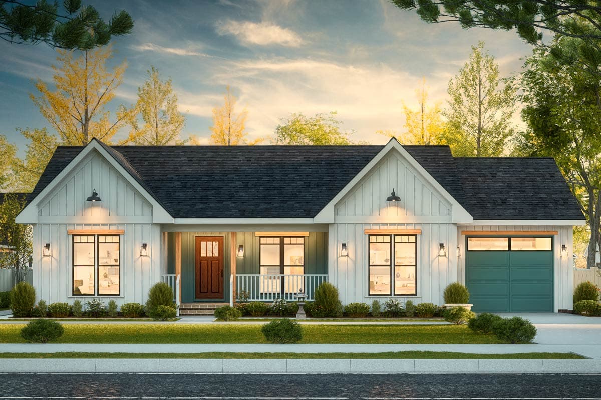 Modern Farmhouse house plan exterior with board-and-batten siding, multiple gables, covered porch, and attached garage.