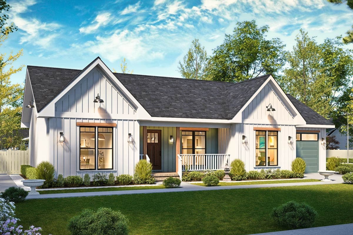Modern Farmhouse house plan exterior with two gables, board and batten siding, a covered front porch, and a side-entry garage.