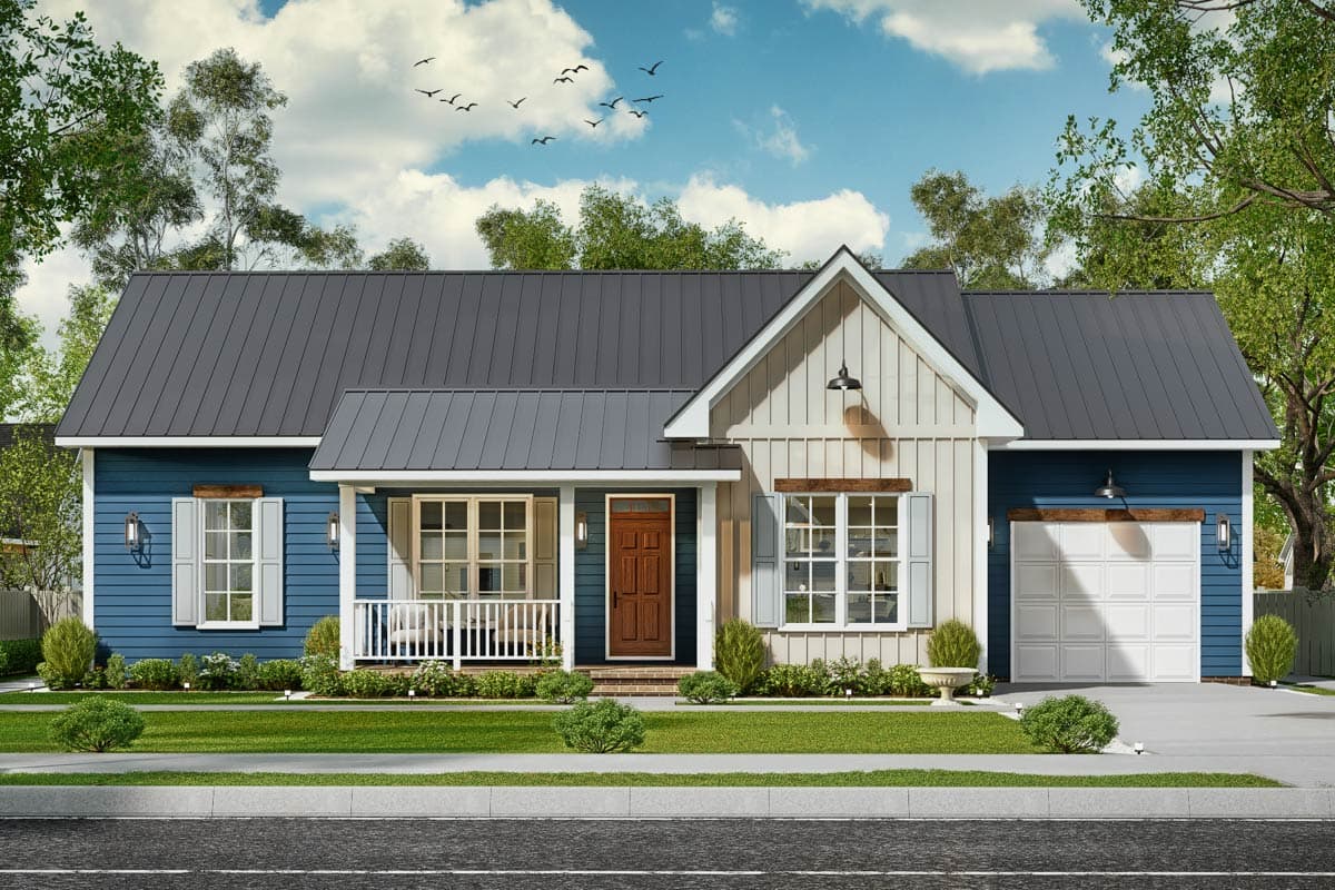 House plan exterior with board and batten siding, metal roof, front porch, and attached garage. One story cottage style house.