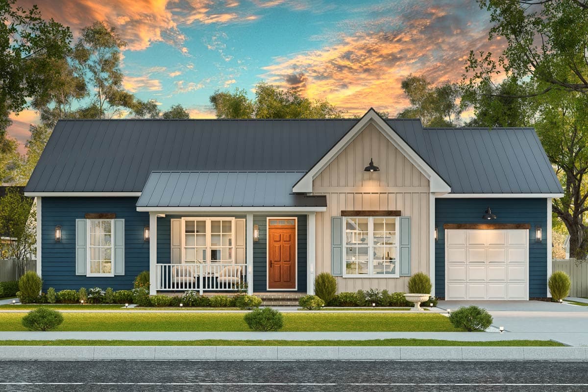 House plan exterior: Single-story Modern Farmhouse with a covered front porch, gable rooflines, and an attached two-car garage.