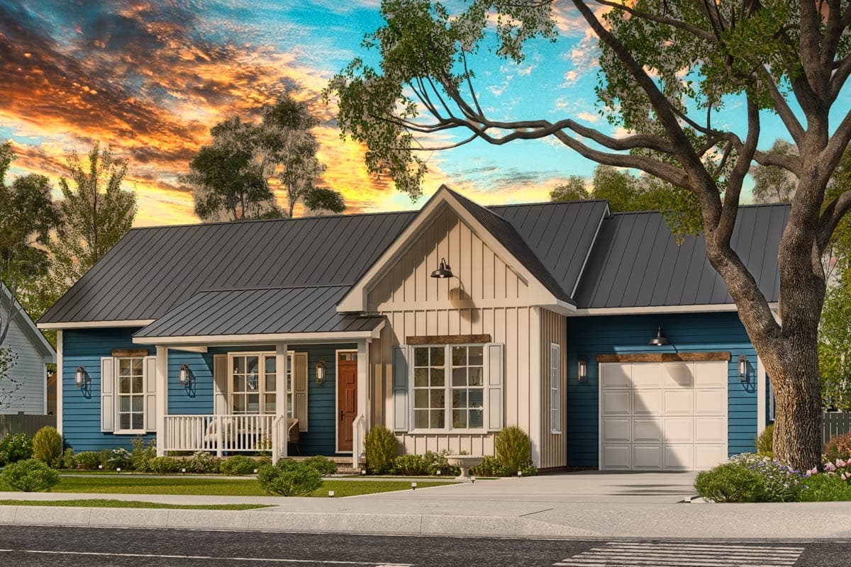 Modern Farmhouse house plan exterior with blue siding, white porch, gabled dormer, and attached garage.