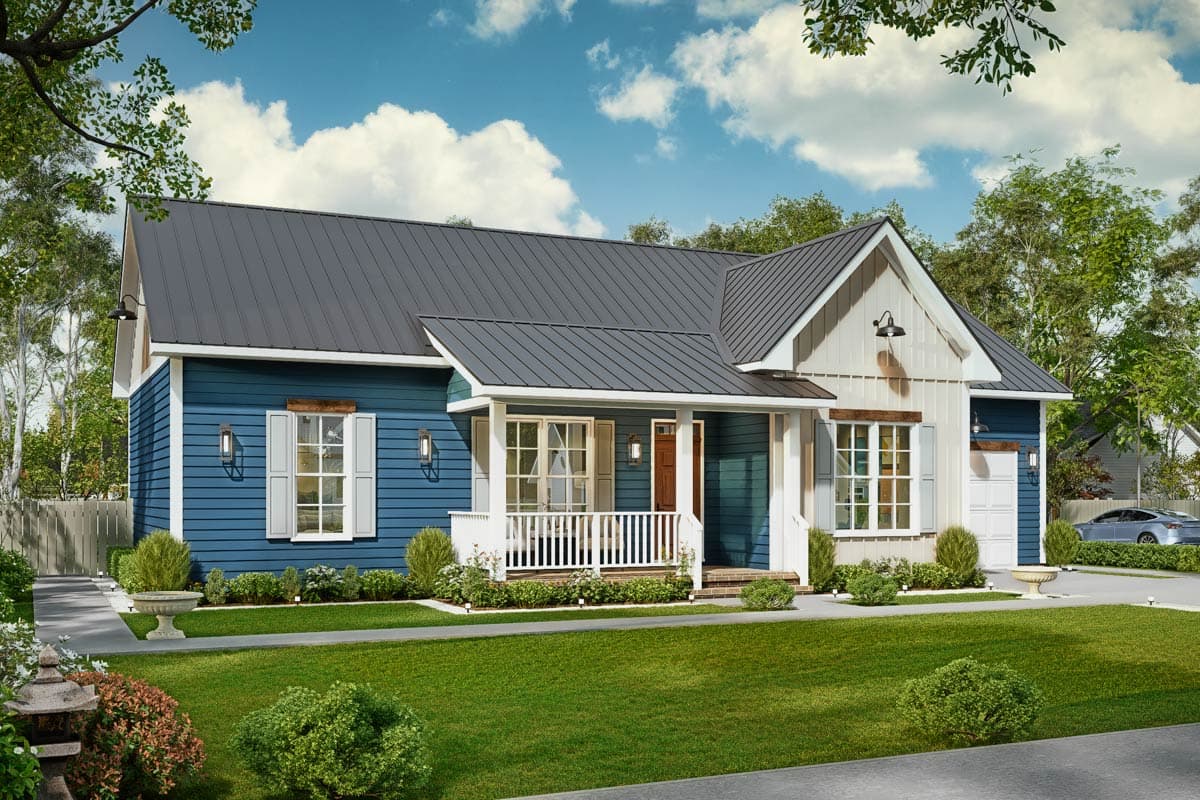 House plan exterior: blue sided, one-story Modern Farmhouse with metal roof, covered front porch, and attached garage.