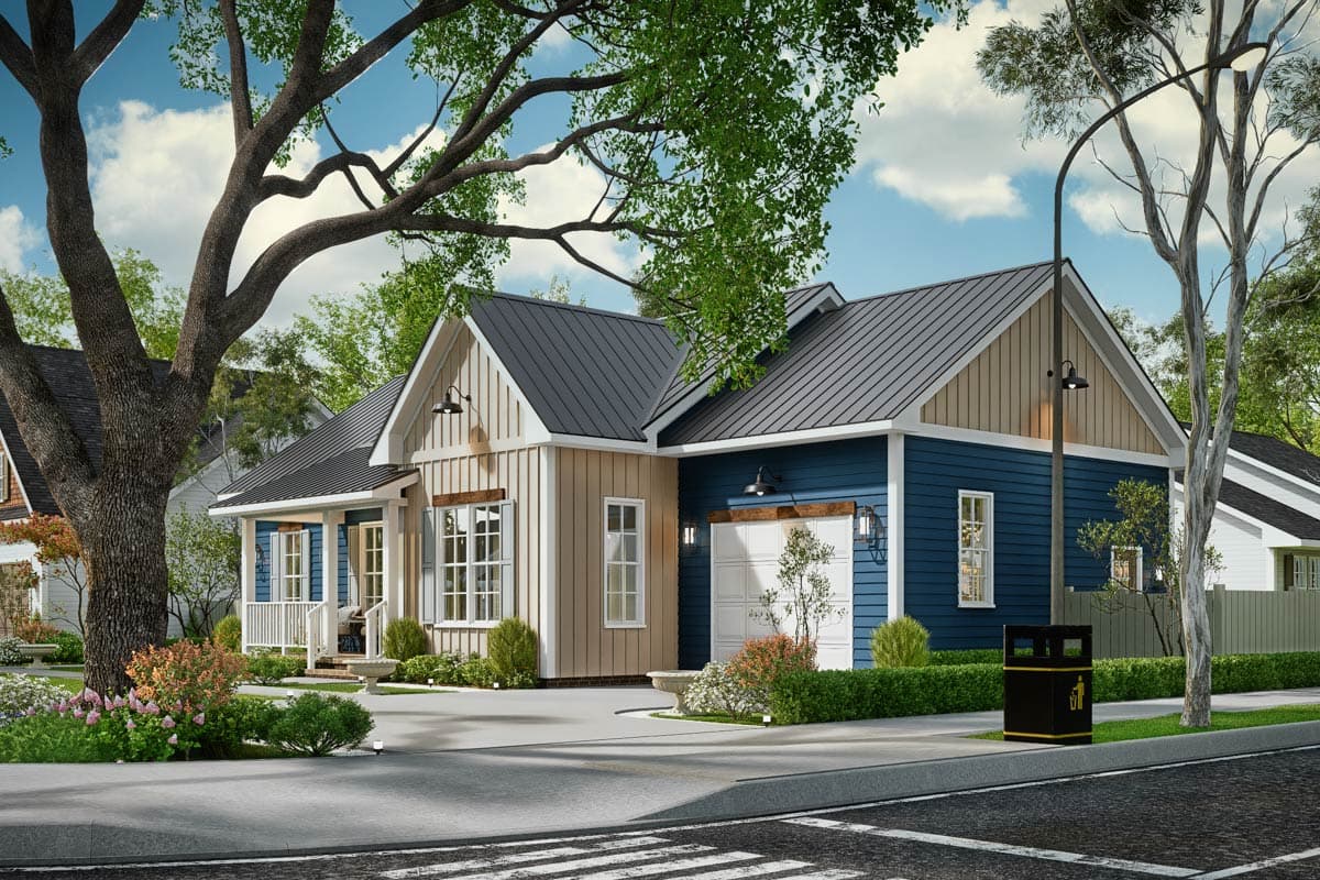 House plan exterior: Modern Farmhouse style, one story, with a covered porch, board and batten siding, metal roof, and garage.