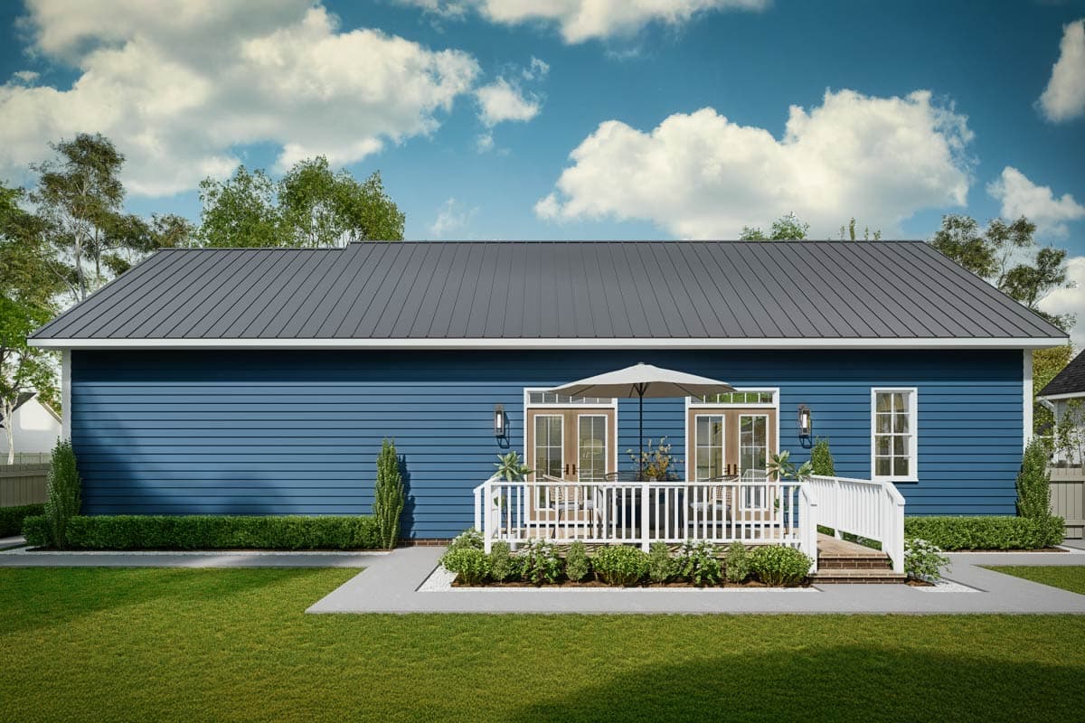 Ranch house plan exterior with blue siding, gabled roof, white deck, double doors, and a single window.