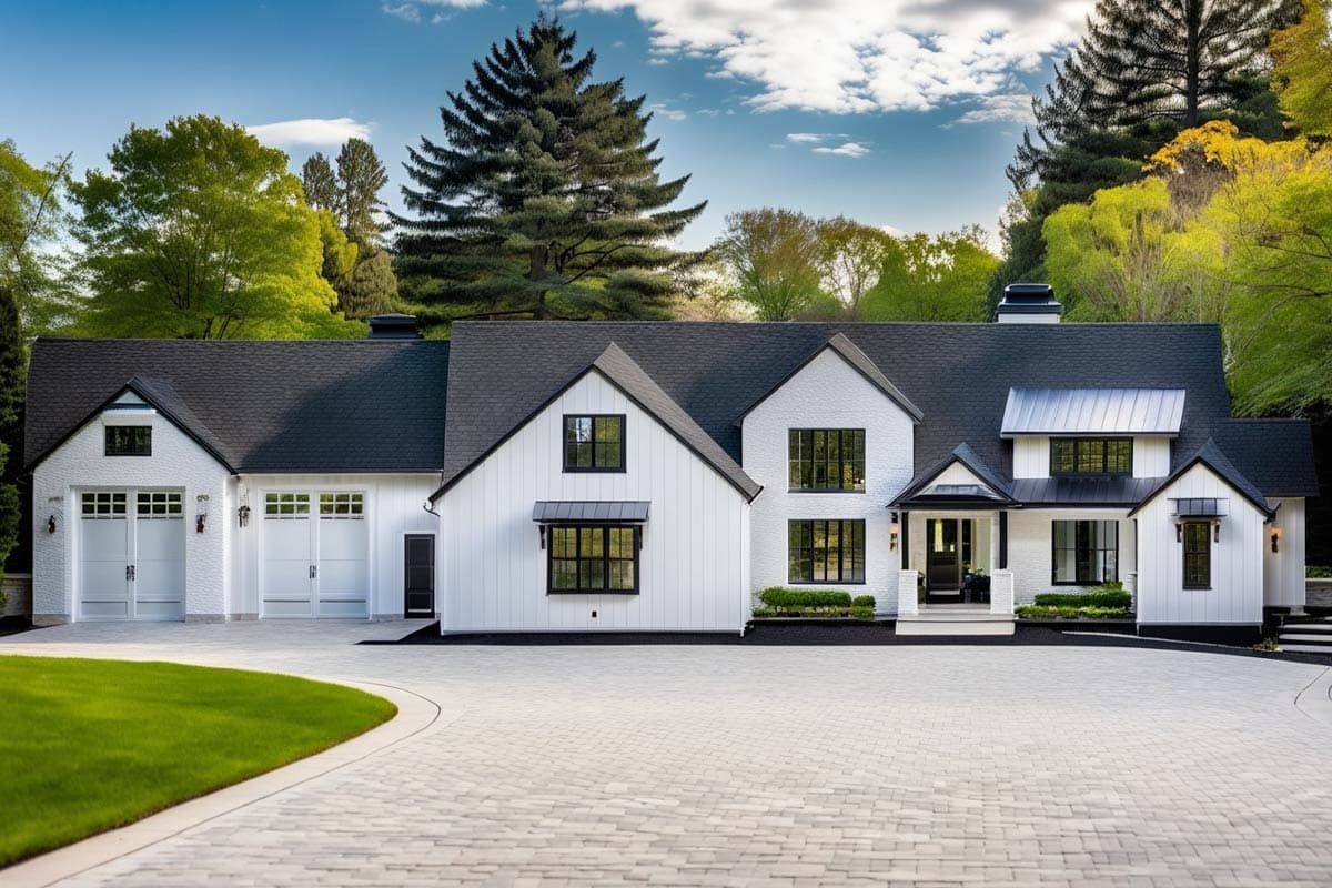 House plan exterior. Modern Farmhouse style, two stories. Features include multiple gables, shed roof over entry, and three-car garage.