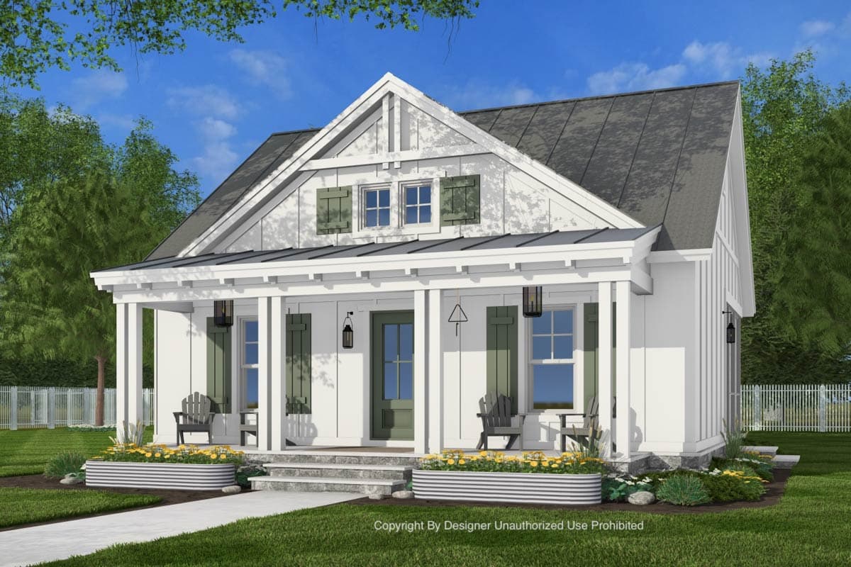 Modern Farmhouse house plan exterior with a covered front porch, board and batten siding, gables, and metal roof.