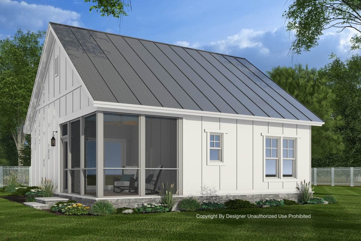 Modern farmhouse house plan exterior with metal gable roof, board and batten siding, and screened porch.
