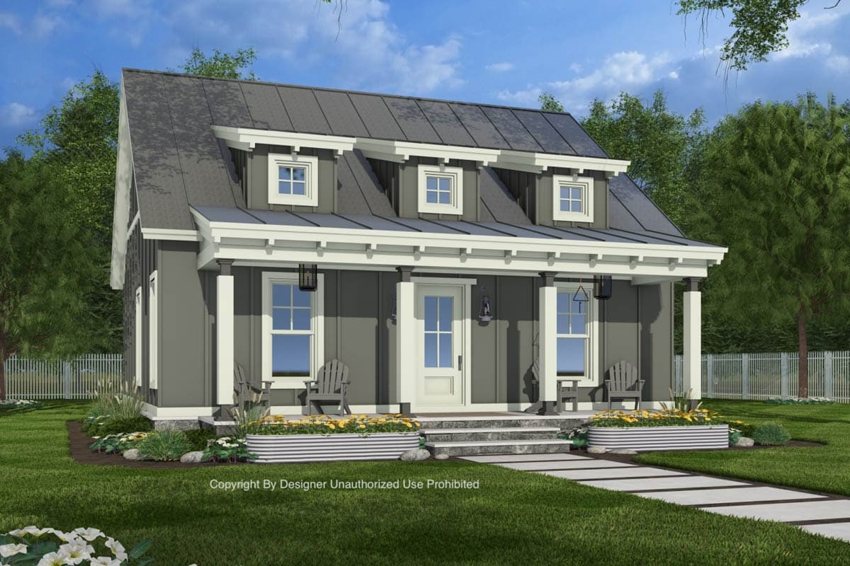 House plan exterior: Modern Farmhouse style, two stories, with a metal roof, dormers, and a covered front porch with columns.